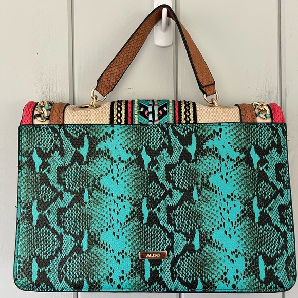 Aldo Hand Bag Purse Embroidery Snakeskin Chain Colourful *READ* - Picture 2 of 10